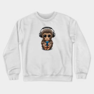 Cute Baby Monkey With Cell Phone Wearing Headphones Crewneck Sweatshirt